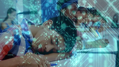 Students writing in classroom under circuit-board overlay, tired boy slumping Stock Footage 313240844