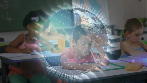 Students writing at desks during globe overlay fading and rotating showing Stock Footage 312360694