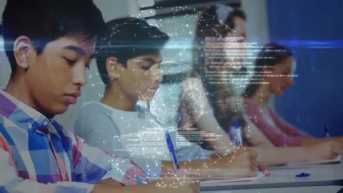 Students writing at desks in education tech classroom, showing network nodes and Stock Footage 329697843