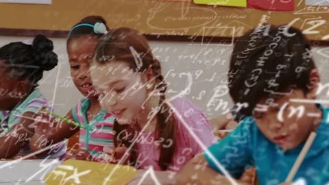 Students writing math problems in classroom, camera panning revealing math Stockbeeldmateriaal 334312559