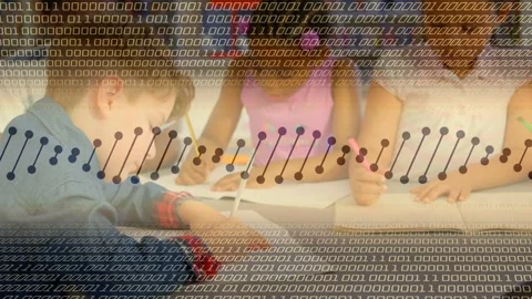 Students writing schoolwork as boy entering and leaning, binary node overlay Video stock 333494801