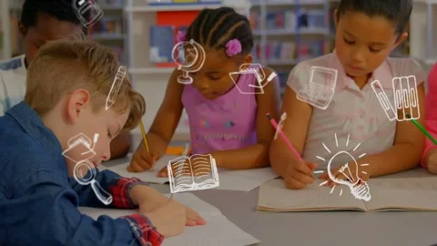 Students writing at table in school, camera shifting, doodle icons floating over Stock Footage 331126185