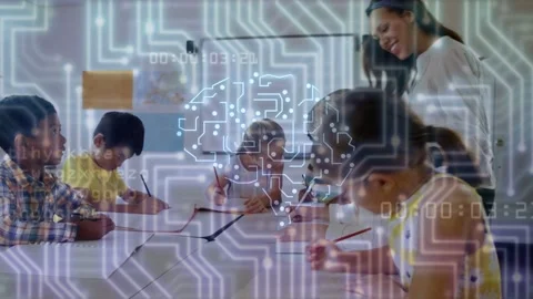 Students writing at table while teacher leaning in, circuit brain overlay Stock Footage 333426073