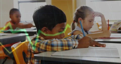 Students writing with time lapse initiating animated green line graph expanding Video stock 310150633