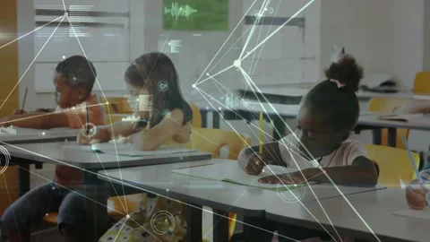 Students writing worksheets for class while camera sliding right, overlay Stock Footage 331197452