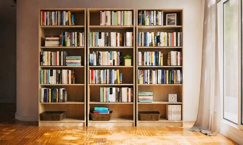 Studienraum oder Bibliothek Hintergrund mit Bücherregal 3d render of study.. Stock Photos