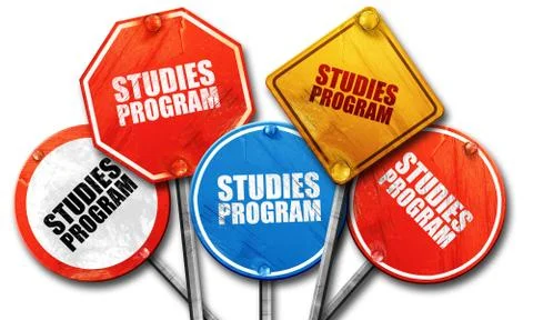 Studies program, 3D rendering, rough street sign collection Illustrazione stock