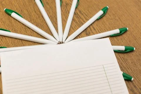 Studing, educating, equipment concept. on the brown surface of school desk there Stock-Fotos