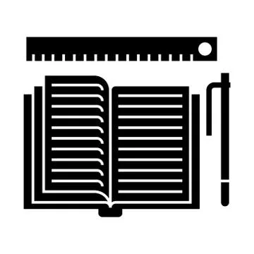 Studing - open book, pen, ruler icon, vector illustration, black sign on Stock Illustration