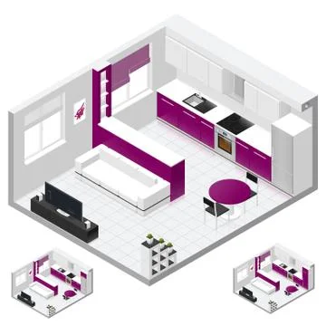 Studio apartment isometric icon set Illustrazione stock
