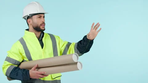 Studio architect, blueprint and man planning engineering design, mockup space or Stock-Footage 250210795