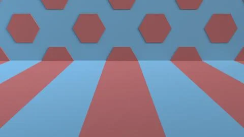 Studio background with stripes on the floor and hexagons on the wall. 3d Stock Illustration