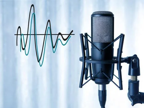 Studio black condenser microphone and sound waves record Stock Photos
