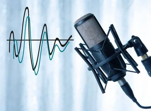 Studio black condenser microphone and sound waves record Stock-Fotos
