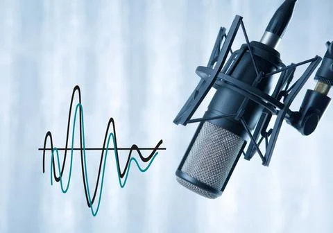 Studio black condenser microphone and sound waves record Stock-Fotos
