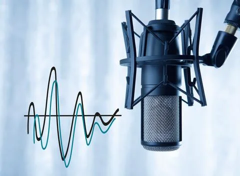 Studio black condenser microphone and sound waves record Foto stock