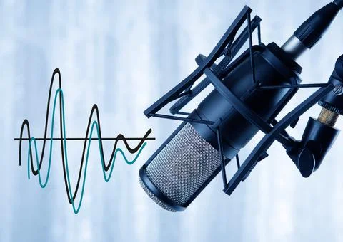 Studio black condenser microphone and sound waves record Stock Photos