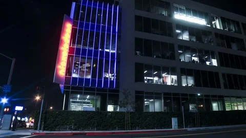 Studio building in Burbank, CA in time lapse at night Stock Footage 101855577