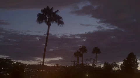 Studio City sunset timelapse palm trees stormy dark clouds Stock Footage 96079048