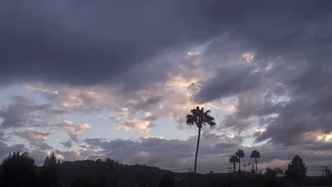 Studio City sunset timelapse palm trees stormy clouds golden hour day to night Stock Footage 96133617