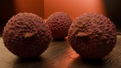 Studio close-up of three lychee fruits with dramatic lighting Stock Illustration