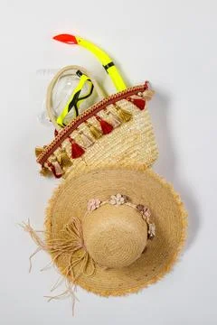 Studio closeup top view shot of snorkel in woven weaving wicker rattan hand.. Stock Photos