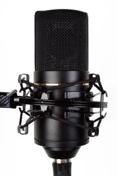 Studio condenser microphone on a microphone stand, close-up. Isolate on a whi Foto stock