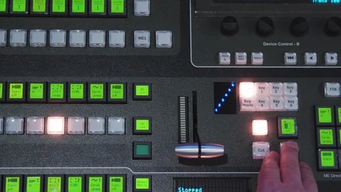 Studio control room switcher board pressing the fade to black button Stock Footage 89503119