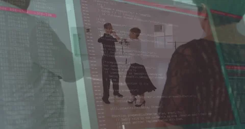 In studio, dancers practicing with animation of computer code and reflections 스톡 동영상 306267497