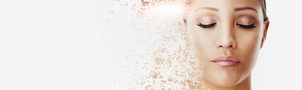Studio, dissolve and effect of makeup, woman and calm for beauty, texture or Stock Photos