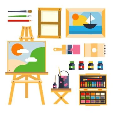 Studio drawing tools to the creative process flat icons set isolated vector Stock Illustration