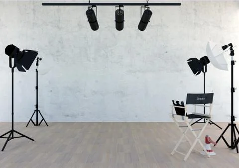 Studio equipment in studio room with empty space, 3D rendering Stock Illustration