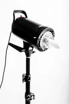 Studio Flash Light on Stand Isolated on Pure White Background Stock Photos