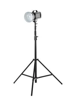 Studio flash light on tripod against white background. Professional photograp Stock Photos