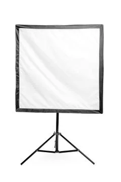 Studio flash with a square softbox on the rack on a white background Stock Photos