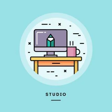 Studio, flat design thin line banner. Vector illustration. Stock Illustration