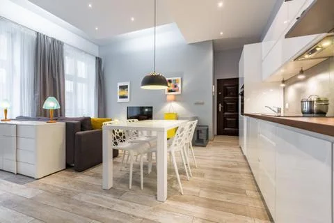 Studio flat with open kitchen Stock Photos