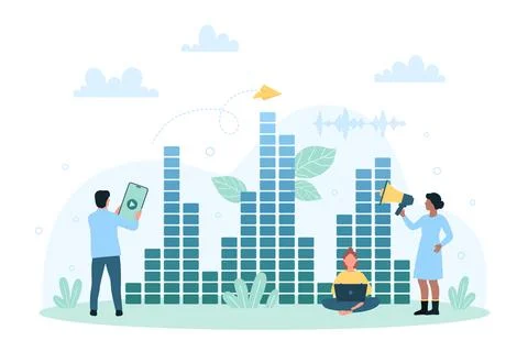 Studio graphic equalizer, tiny people record and listen radio music in audio イラスト素材