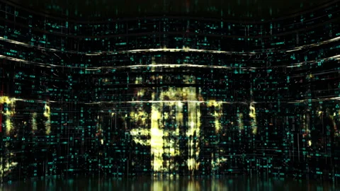 Studio with HEX digital data code on curved screen loopable 3D render animation Stock Footage 112771333