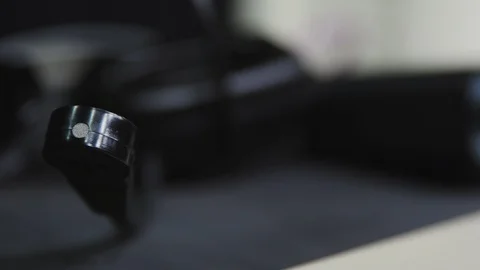 Studio intercom headset with microphone rack focus Stock Footage 89501010