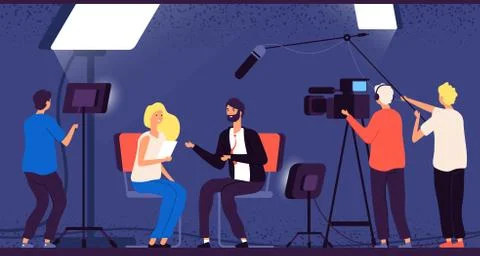 Studio interview. Host journalist tv broadcasting camera professional crew Stock Illustration