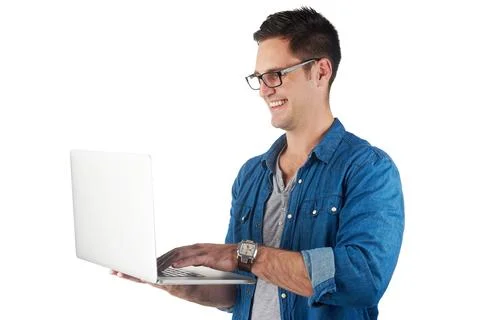 Studio, laptop and business man with glasses reading news, online website or Stock Photos