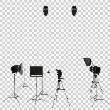 A studio lighting setup featuring five lights on stands, two overhead light.. Stock Photos