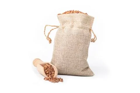 Studio lighting. on a white background, not a large bag of flax, buckwheat is Stock Photos