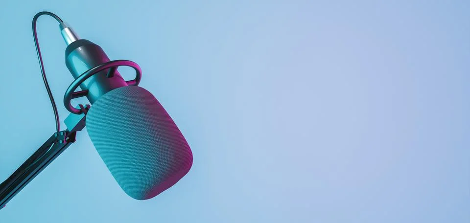 Studio microphone banner with red and blue neon lights 스톡 사진