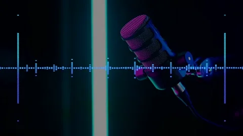 A studio microphone with blue glowing equalizer bands on a dark background for Stock Footage 327024493