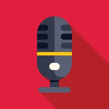 Studio microphone broadcasting audio content with long shadow on red backgrou Illustrazione stock