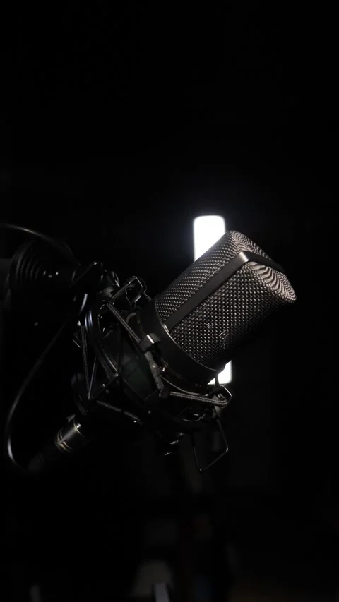 Studio microphone. The camera moves around the microphone. podcast concept Stock Footage 310724623