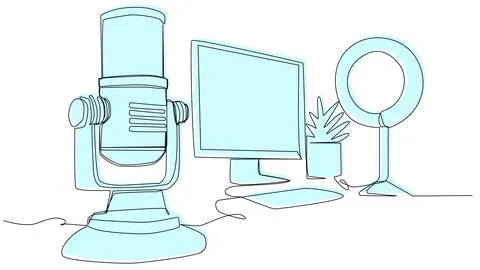 Studio microphone with a computer and a lamp in one line on a white backgro.. Illustrazione stock