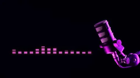 A studio microphone with glowing equalizer bands on a dark background for Stock Photos